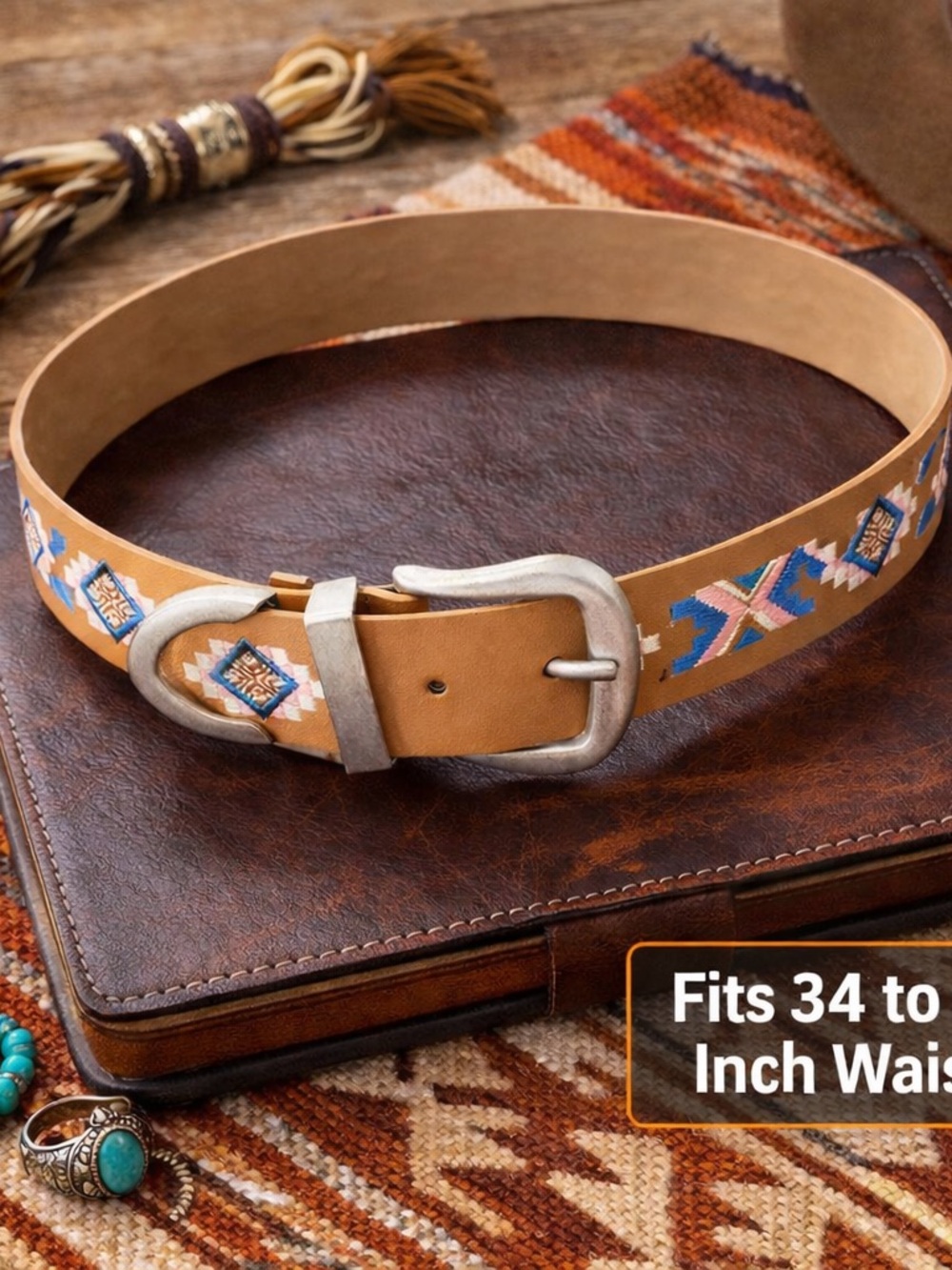 Embroidered Tan Leather Western Belt with Silver Buckle